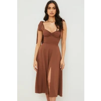 Flare High Slit Slip Midi Dress - Chocolate