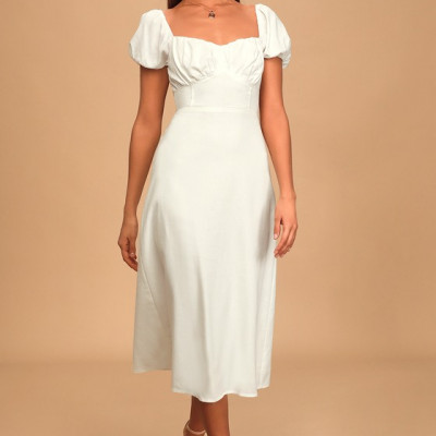 Dream Of Love White Puff Sleeve Smocked Midi Dress | Lulus