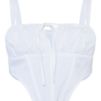 White Linen Corset Boned Ruched Bust Crop Top