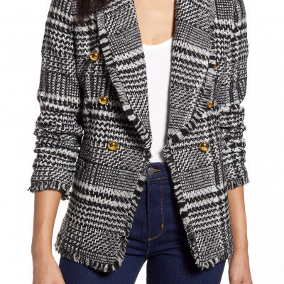 Womens Halogen Double Breasted Plaid Tweed Blazer