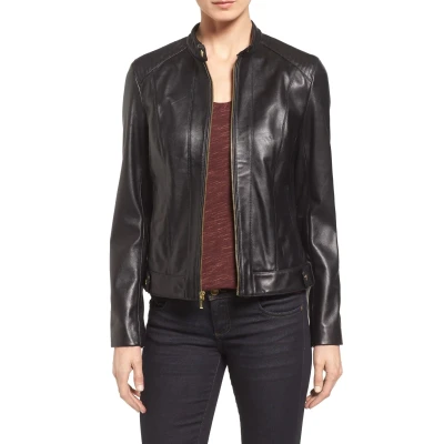 Petite Womens Cole Haan Leather Moto Jacket