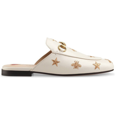 Gucci Princetown embroidered leather slipper - White