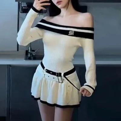 Long-Sleeve Off-Shoulder Ribbed Mini Bodycon Dress