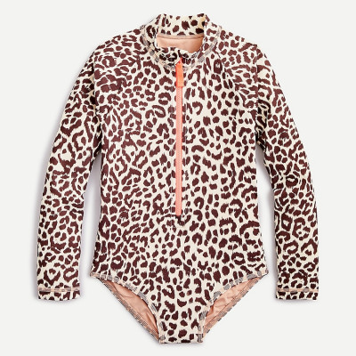 Girls' One-Piece Long-Sleeve Swimsuit In Leopard Print