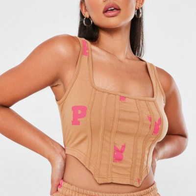 Playboy X Missguided Camel All Over Print Corset Crop Top