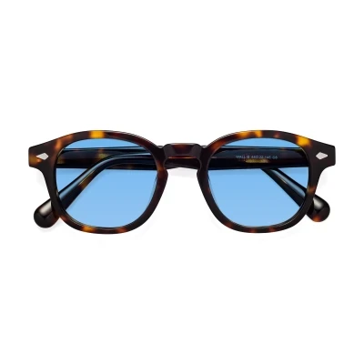 Tortoise Keyhole Bridge Acetate Trapezoid Tinted Sunglasses with Medium Blue Sunwear Lenses - WALL-E