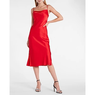 Satin Cowl Neck Midi Slip Dress Red Womens L Petite