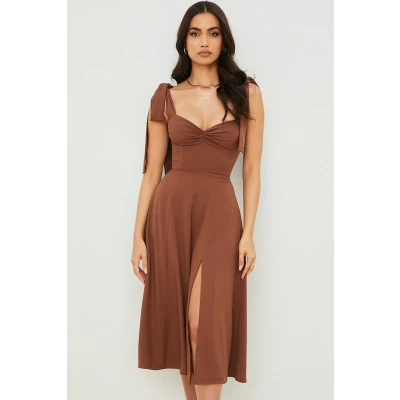 Flare High Slit Slip Midi Dress - Chocolate