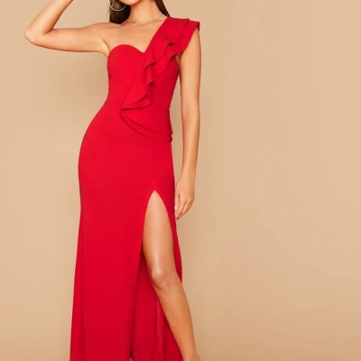 One Shoulder Ruffle Trim Split Thigh Prom Dress