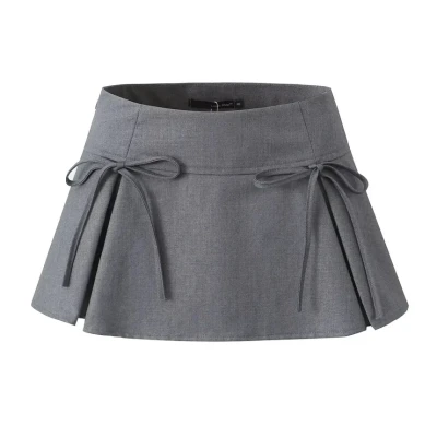 High Waist Bow Accent Plain Mini Pleated Skirt