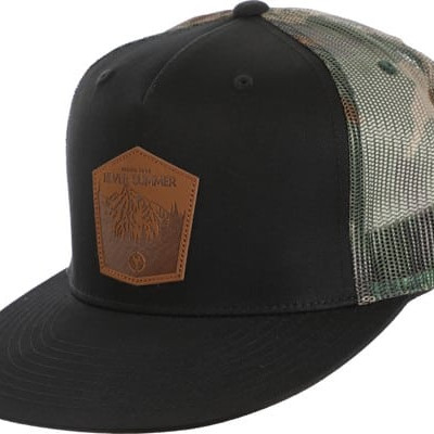 Never Summer Mountain Leather Patch Mesh Trucker Hat - black/camo