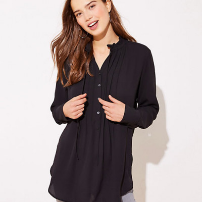 LOFT Pintucked Tie Neck Tunic Blouse