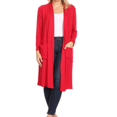 Women's Solid Casual Loose Fit Long Sleeve Pocket Open Front Duster Cardigan